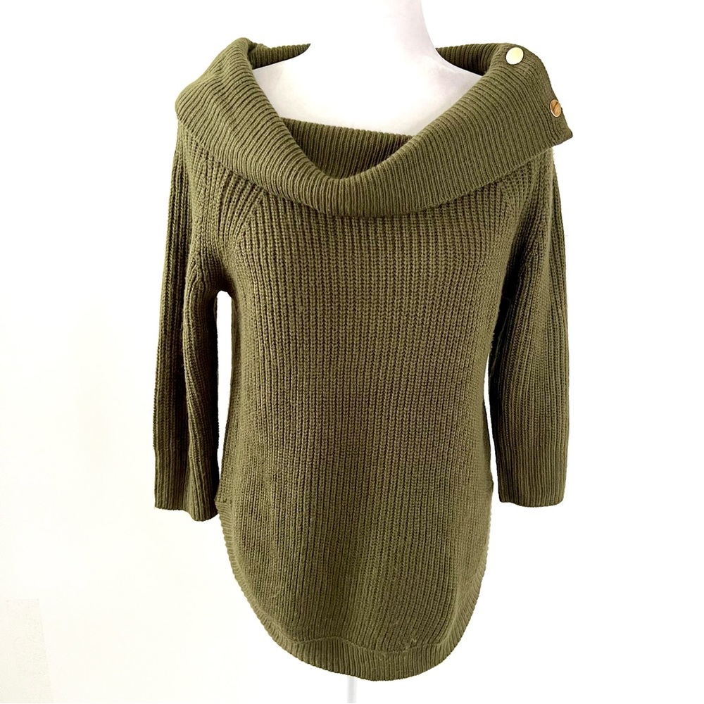 Green Knit Off Shoulder Cowl Neck Sweater Top with gold  buttons. 3 for $15